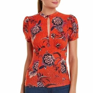 Free People Hear Me Roar Orange Pineapple Keyhole Jersey Cap Sleeve Blouse